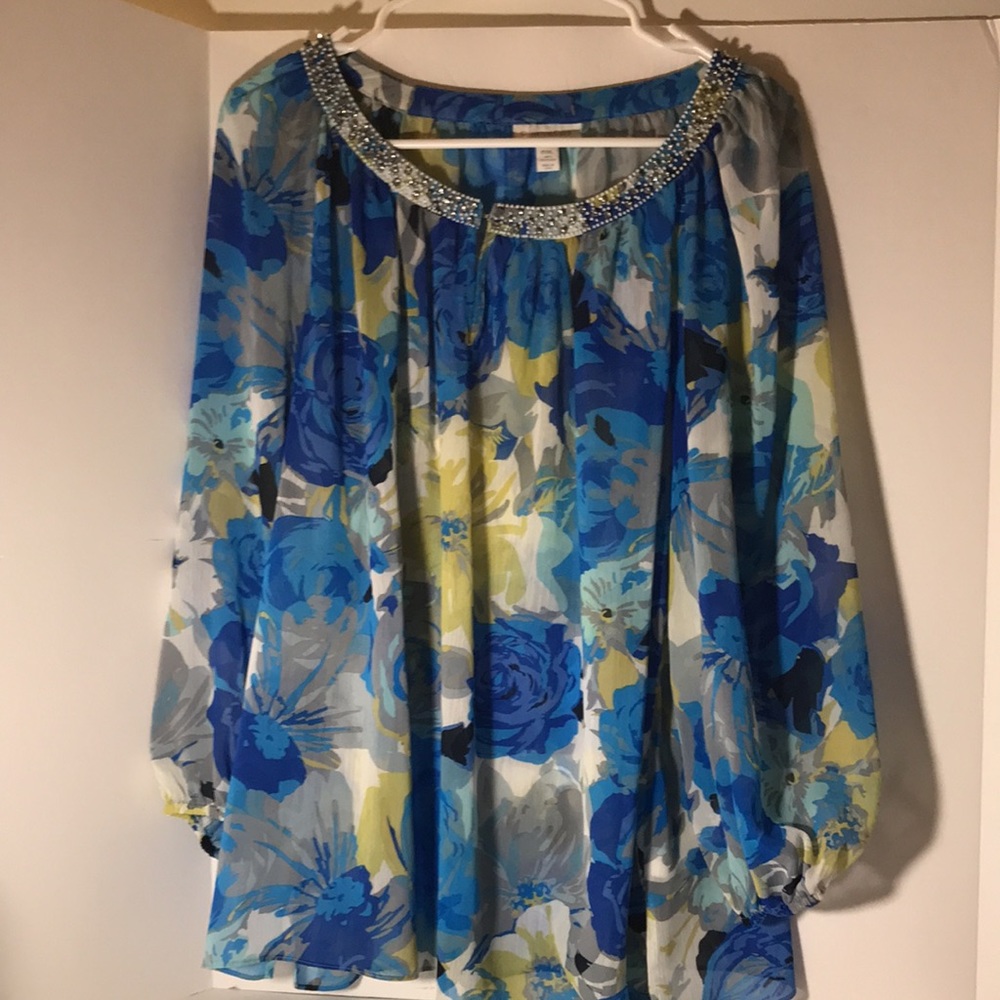Charter Club floral long sleeve top pxl blue yellow white embellished resort